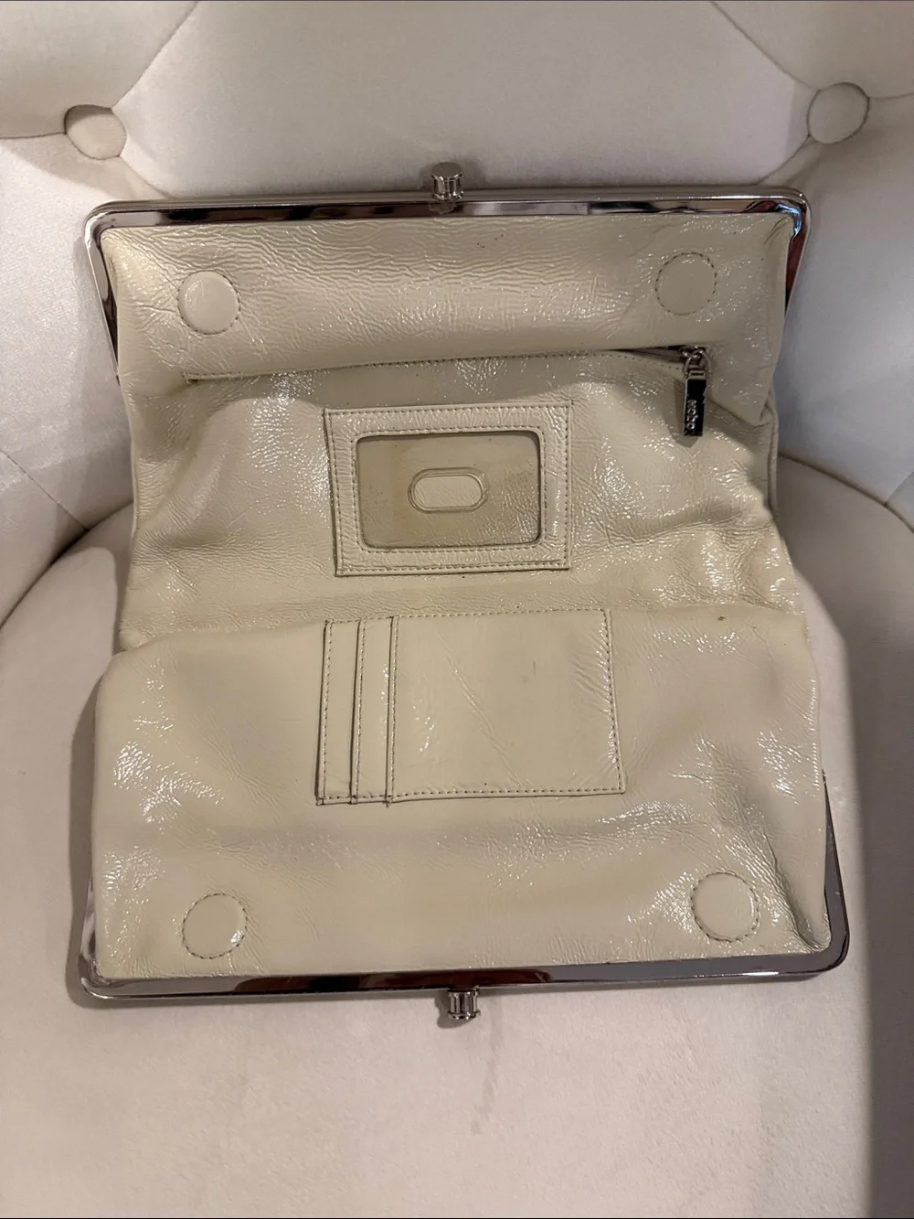 Elegant HONO Cream Patent Frame Clutch